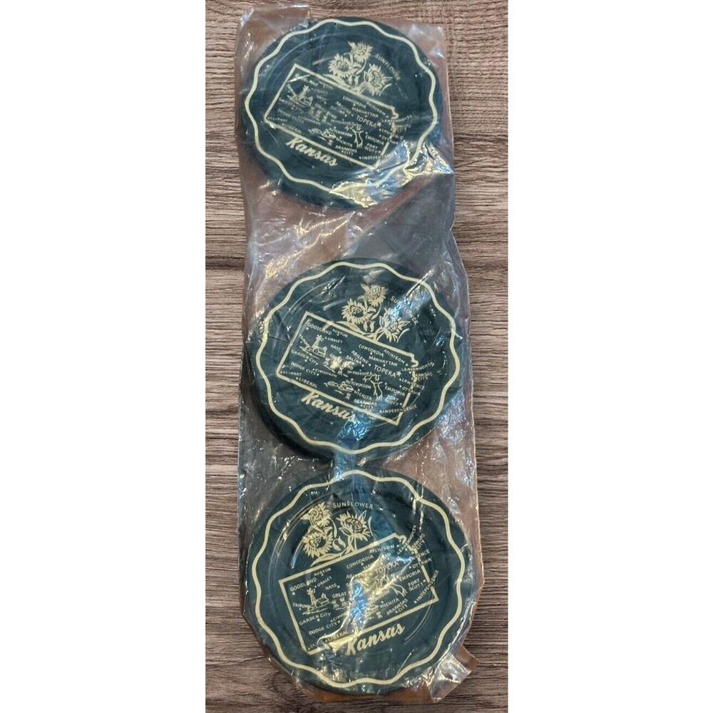 Kansas Coasters 6 Black & Gold VTG The Sunflower State 3.5” Cabin Cottage Sealed